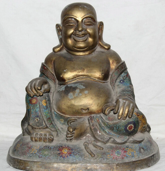 

JP S62 17" China Cloisonne Bronze 24K Gold Gilt Seat Happy Laugh Maitreya Buddha Statue