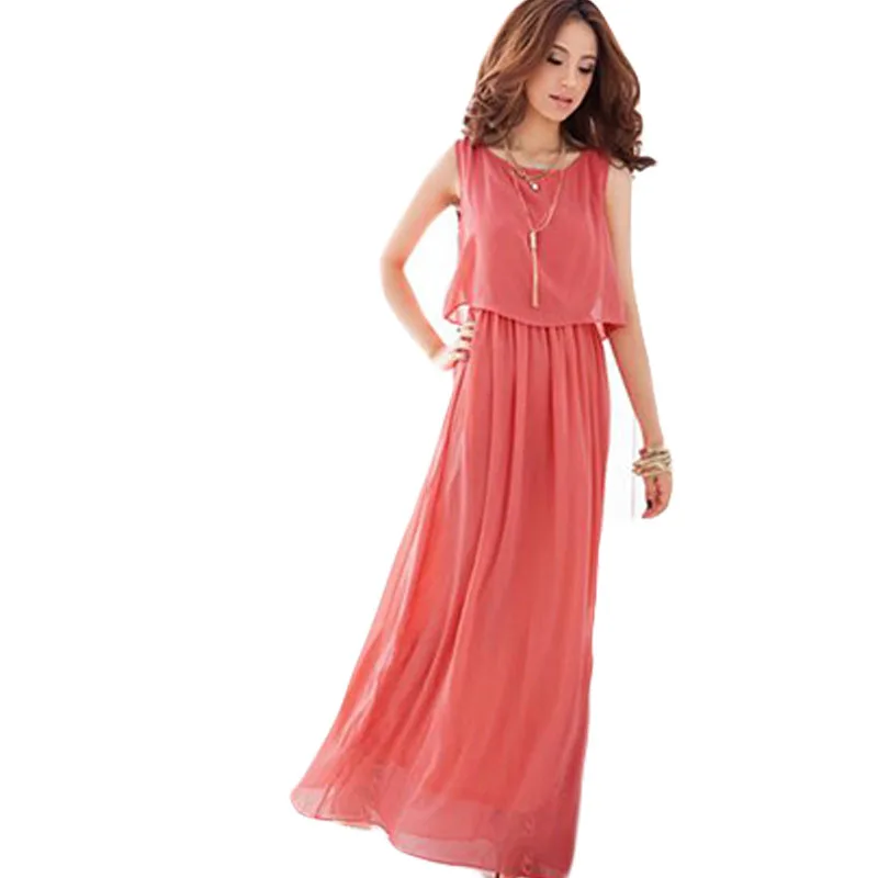 

Plus Size Summer Solid Sleeveless Beach Long Dress Bohemian Chiffon Vest O-neck Vestidos Casual Comfortable Elbise FC28