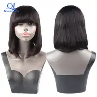 Queenlife human hair bob wigs pre plucked Hairline bleached knots wig with bangs Straight Full End Brazilian Remy Short Bob Wigs