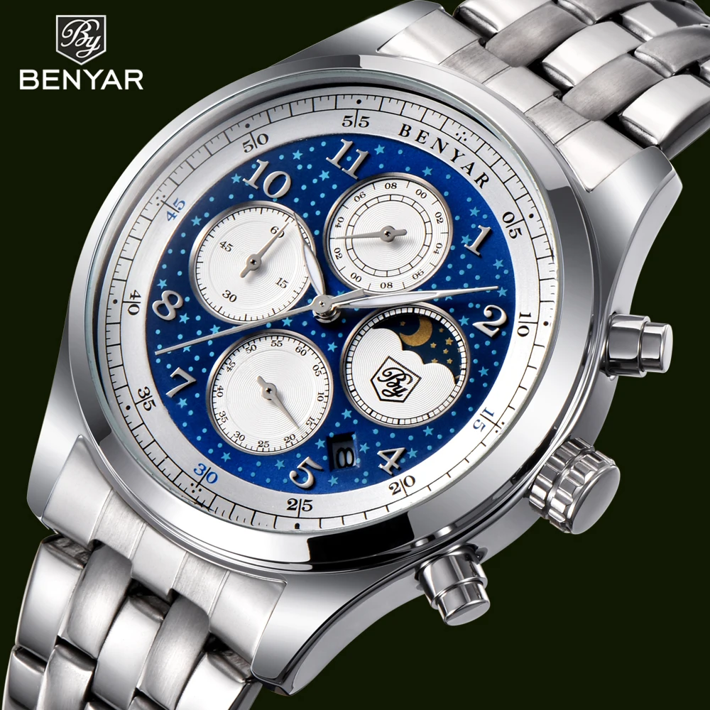 BENYAR Fashion Waterproof Men Watches Luxury Brand Full Stainless Steel Quartz Wrist Watch Moon Phase relogios masculino Clock BENYAR Fashion Waterproof Men Watches Luxury Brand Full Stainless Steel Quartz Wrist Watch Moon Phase relogios masculino Clock