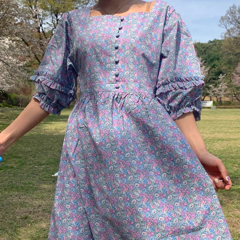 

Beautiful Girl! Flower Square Neck Ruched Hem Puff Sleeve Dress High Waist Retro Long Dress Robe Longue Vestido Largo Vestiti
