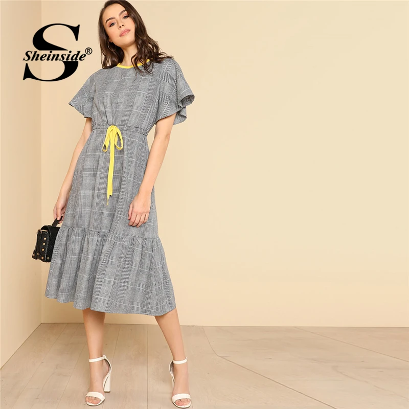 

Sheinside Grey Drawstring Waist Ruffle Plaid A-Line Dress Round Neck High Waist Dress 2018 Summer Women OL Work Dress