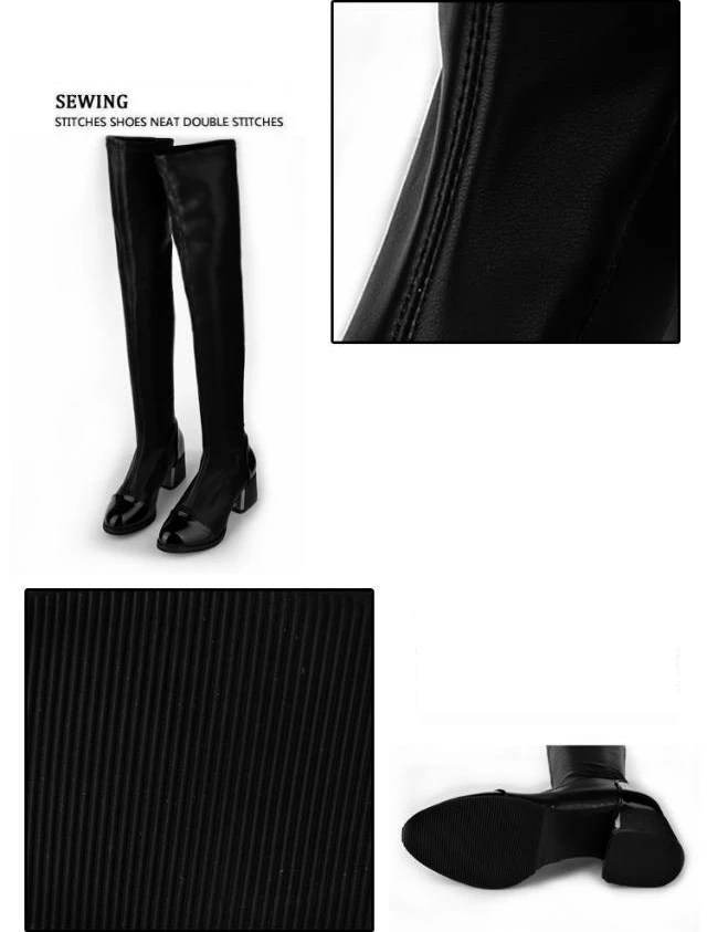 Женские сапоги осенне-зимние кожаные эластичные высокие сапоги до колена модные пикантные черные сапоги без шнуровки на каблуке высотой 3-5 см размера плюс