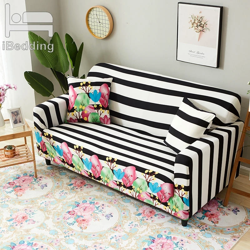 

Colored Flower Stripes Stretch Sofa Protector Cover for Living Room Sofa Slipcovers Sectional L Shape Sofacover 1/2/3/4 Seater