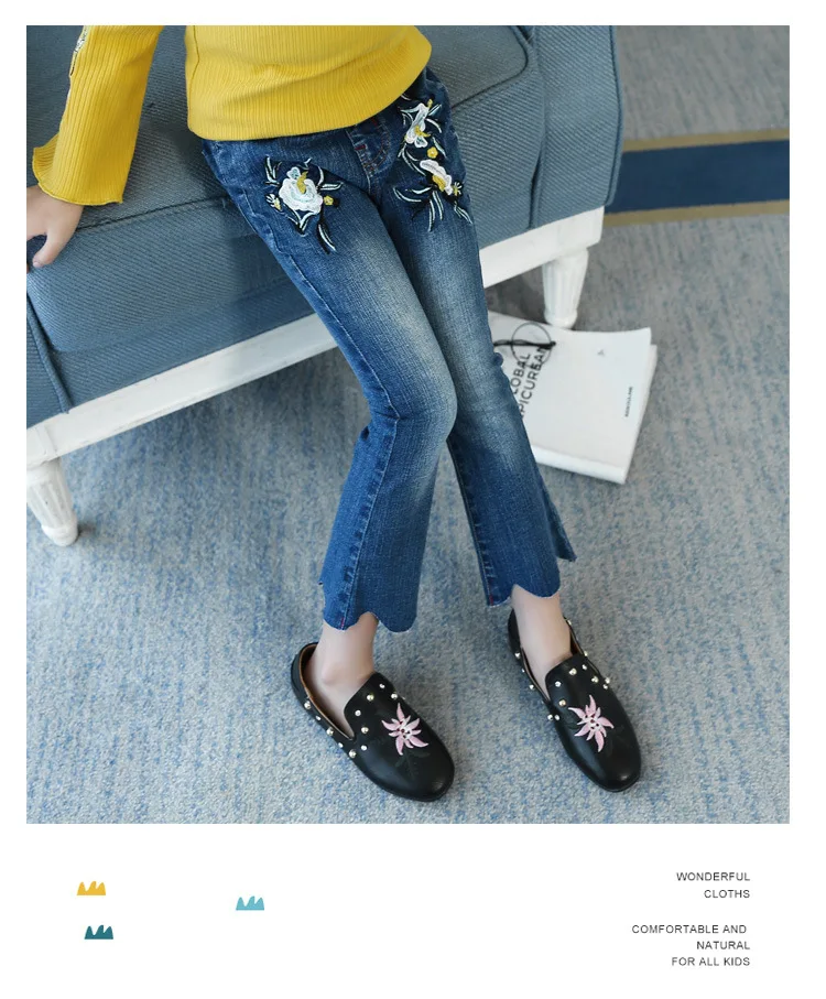 Kids Girls Flower Embroidery Blue Flared Jeans 14