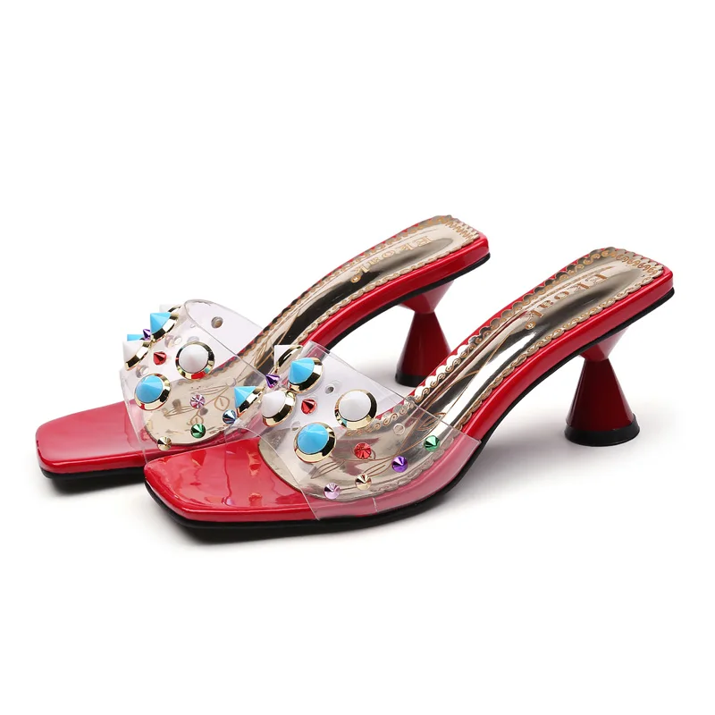 Ekoak/летние женские босоножки на высоком каблуке; Модные женские сандалии с заклепками; Свадебная обувь; женские прозрачные сандалии - Цвет: Red
