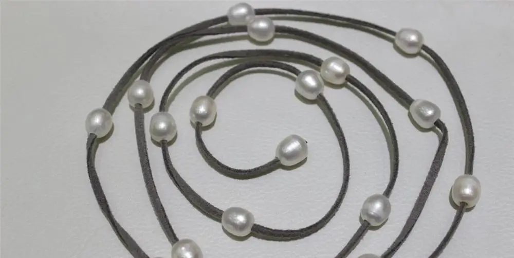 

Dark Gray Leather long necklace white Freshwater pearl 48INCH 10x12mm a(5.18)
