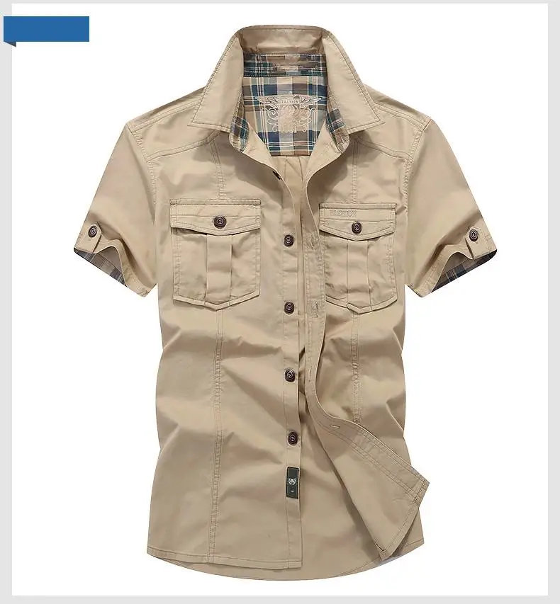  Loose Mens Blouses 2019 AFS JEEP Plaid Collar Casual Denim Shirts Military Cargo Short Sleeve Europ