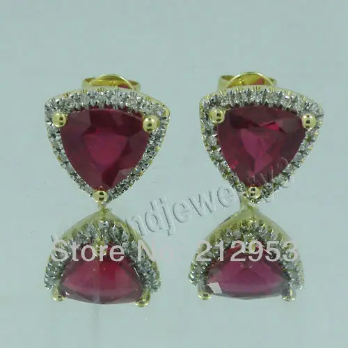 

New Vintage Trillion 7mm Solid 14Kt Yellow Gold Engagement Blood Red Ruby Earrings, Diamond Stud Earring For Sale E0081