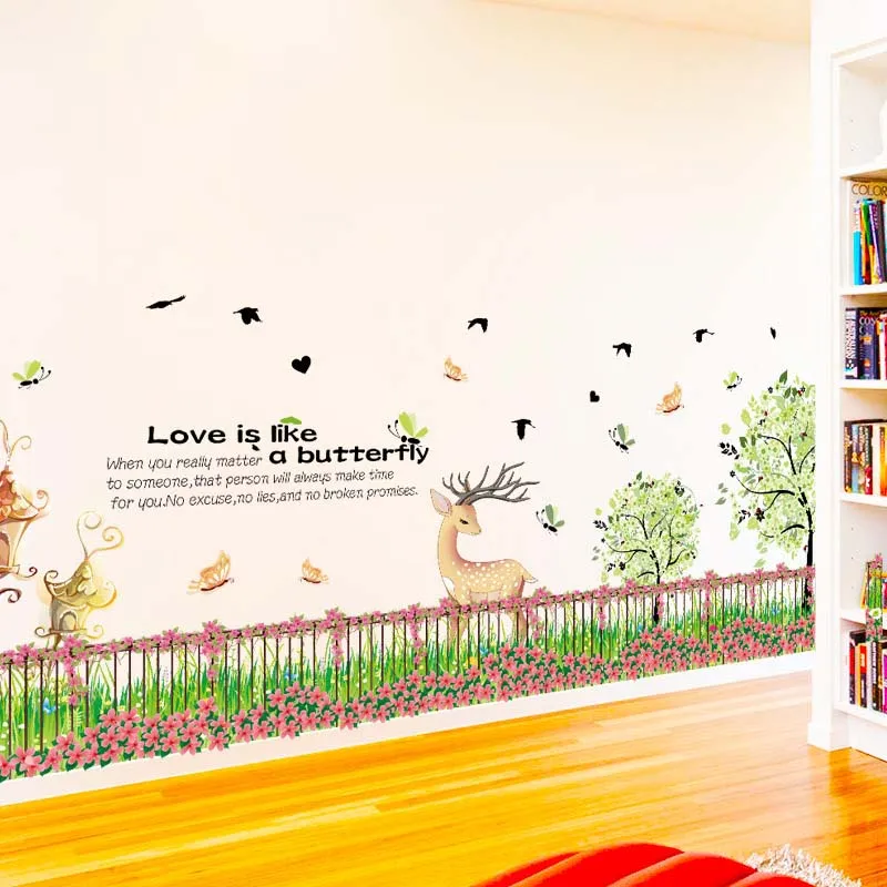 Fence Flower Grass Wall Stickers PVC Material Green grass Fawn