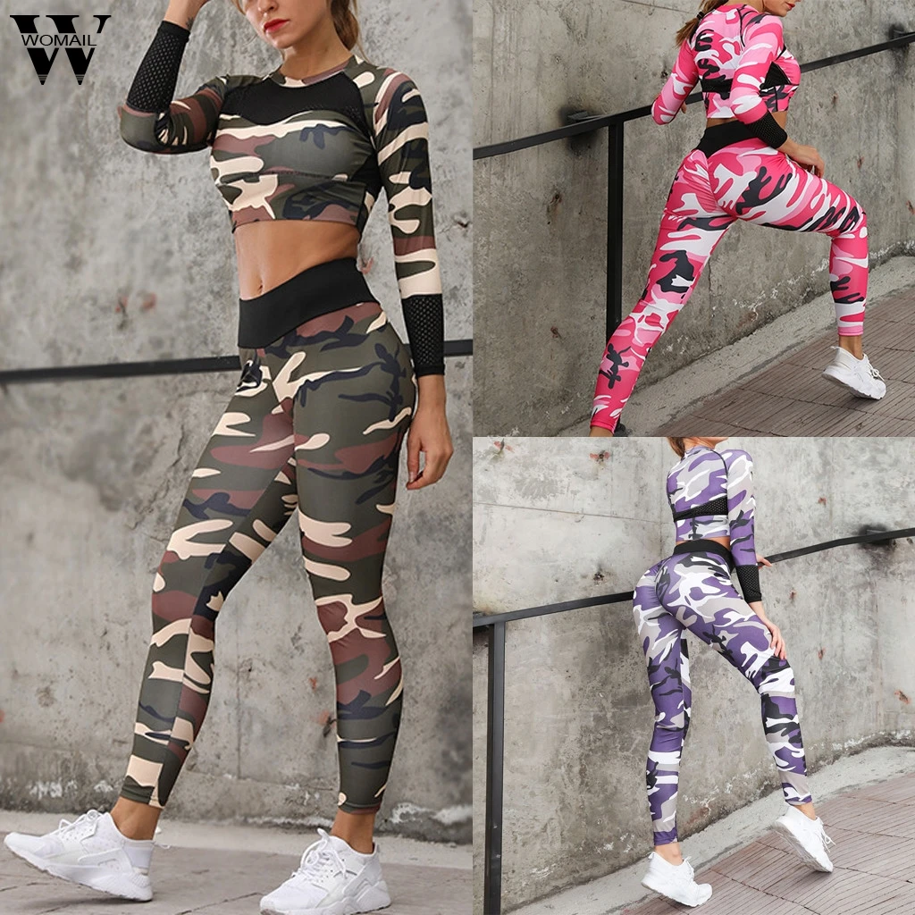 

Womail Women tracksuit summer Casual 2 Piece Fashion Sexy Camouflage Print Long Sleeve High Waist Top +Sports slim holiday J620
