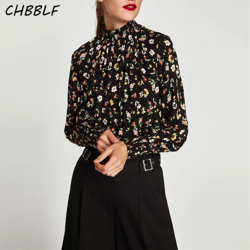 

women sweet shirts long sleeve ruffled collar blouse retro print female fashion tops blusas XSZ1458