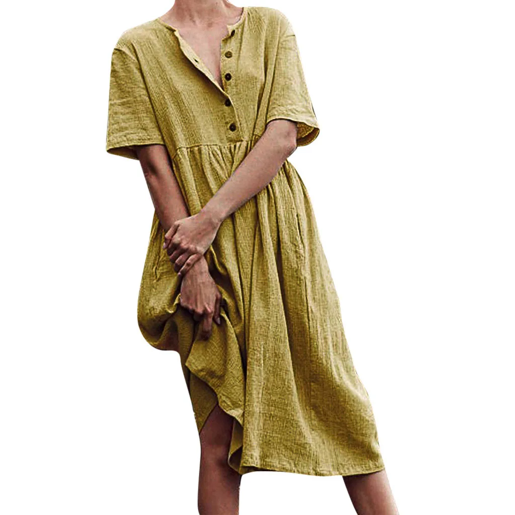 

Summer Button Round Neck short-sleeved Solid Color Long Cotton And Linen Dress Comfortable Summer Maxi Dresses For Women
