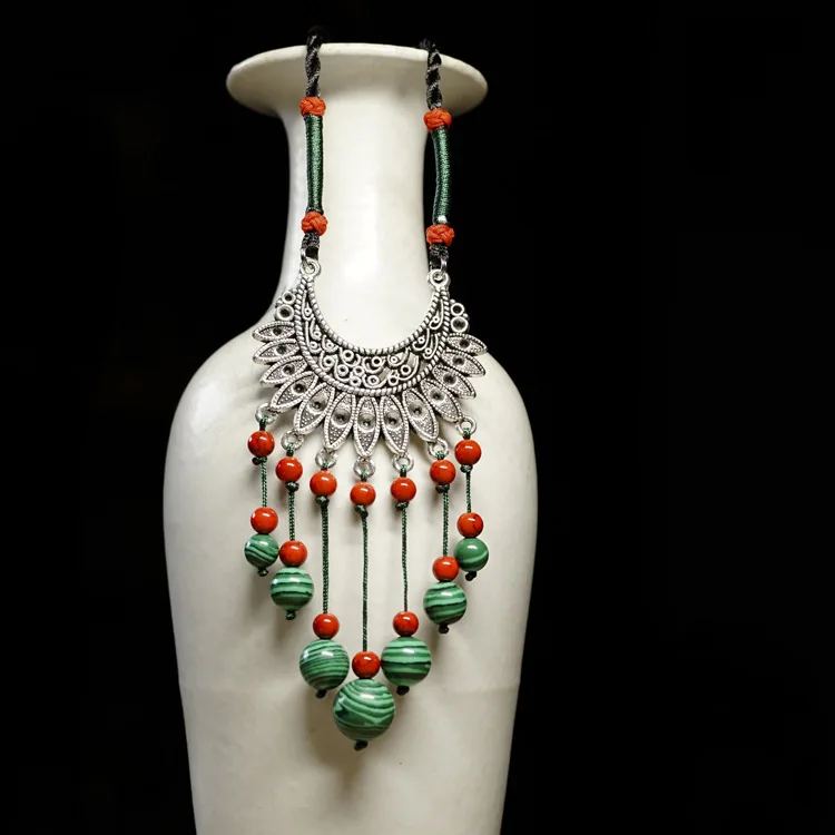 

Pure Handmade Exotic Jewelry Green Peacock Stone long bohemian wings necklace ,New Ethnic national pendants vintage necklace