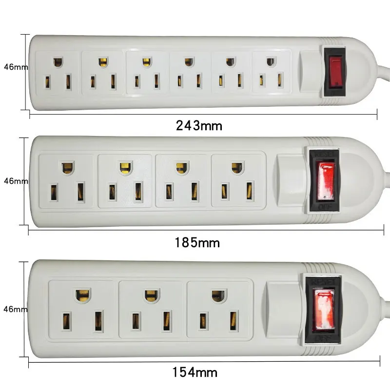 UL Certification US Plug 3 4 6 AC Hole Extension Cord 1.8M Power Strip Overload Protection 1875W 15A AC Outlets Extension Socket