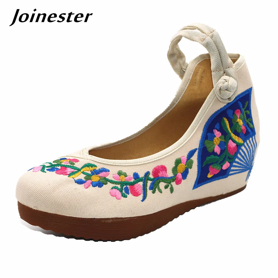 

Ethnic style floral embroidered fabric wedges with Chinese traditional button strap TPR sole vintage shoes four colors