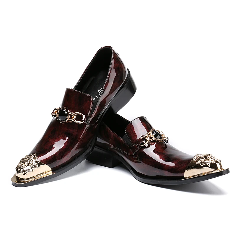 

Fashion Men's Genuine Leather Pointed Toe Wine Red Dress Shoes Slip On Party Breathable Metallic Toe A36