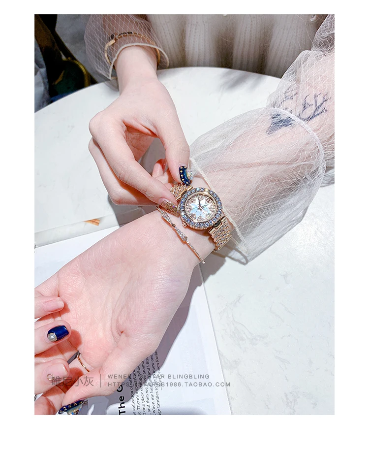 Высококачественные женские часы, Кристальный кварцевый браслет, наручные часы, стразы, стальной цветочный циферблат, шикарные женские часы