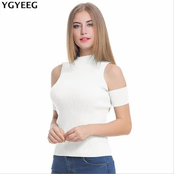 

YGYEEG Women Strapless Sweater Winter Short Sleeve Knitted Pullover White Round Neck Female Blue Off Shoulder Sweaters 2018 New