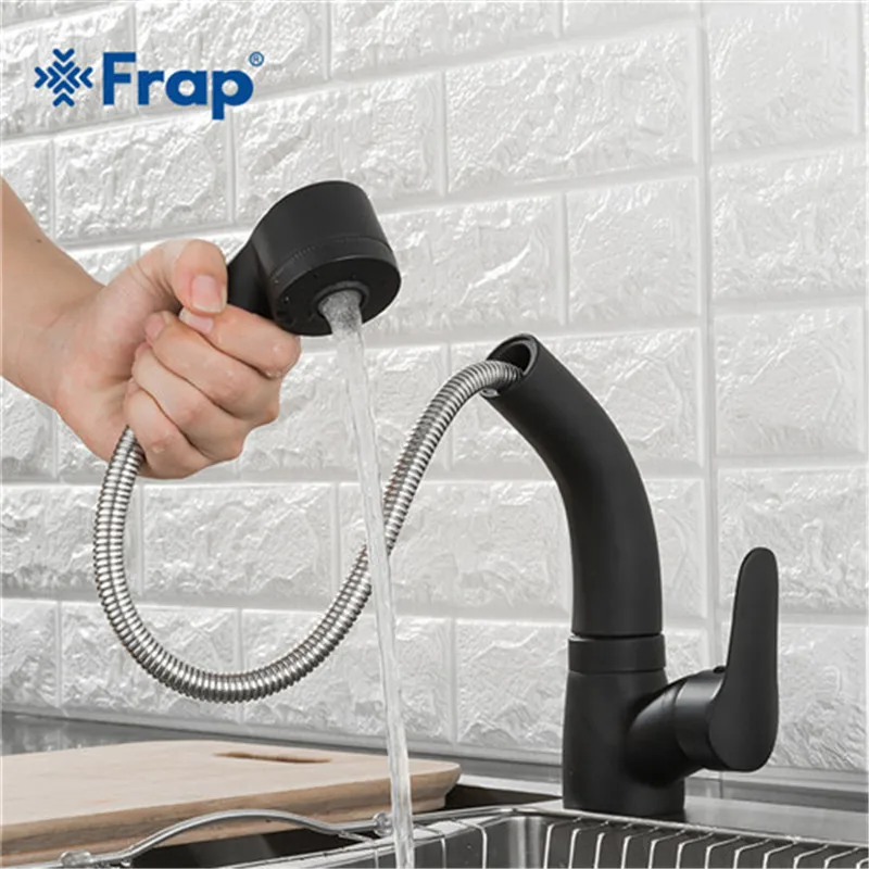Günstige FRAP Matte Schwarz Becken wasserhahn Einzigen Hebel Ziehen Sprayer Schwenk Auslauf Küche Wasserhahn Waschbecken Mischbatterie Höhe Einstellbar Y10130
