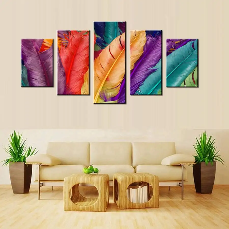 

Modern 5 Panels Contemporary Canvas Wall Art Prints Artwork Still Life Colorful Feathers Paintings for Home Decor Drop Shipping
