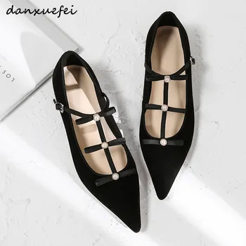 

2019 Spring new women's genuine t-strap flats mary jane ballerinas flats pointed toe leisure soft comfort beading bow tie shoes