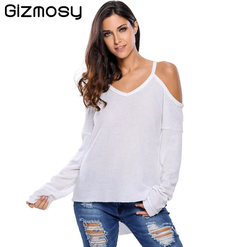 

Cut Out Off Shoulder Knitted Pullover Women Casual V Neck Straps Long Sleeve Sweater Loose Solid Streetwear jumper SY1388