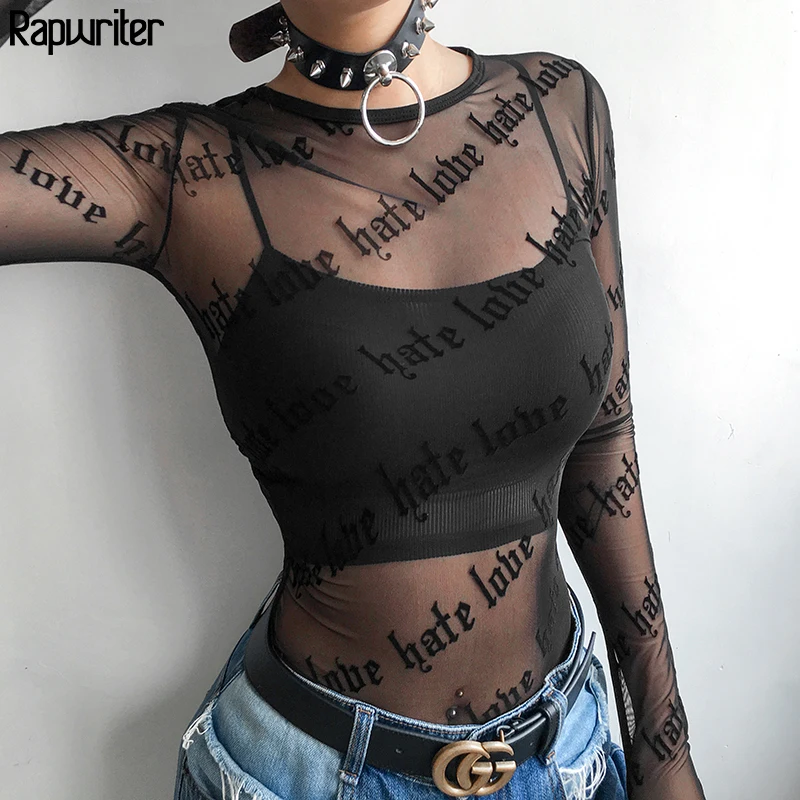 

Rapwriter Sexy Black Hollow Out Letter Print T-Shirt Skinny Mesh Top 2019 Fashion Summer Basic Tops For Women Transparent Top
