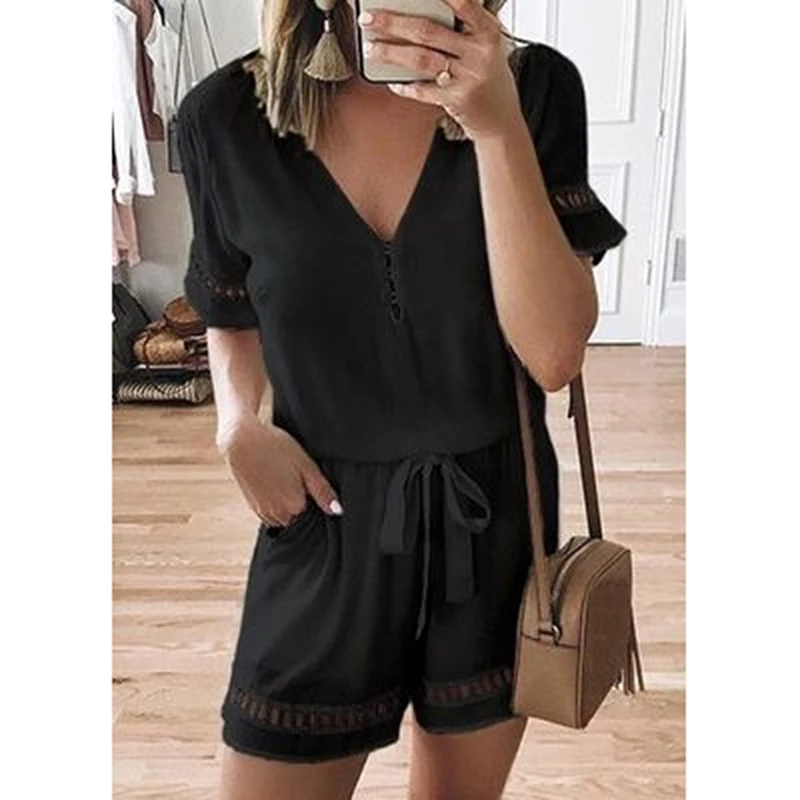 2019 الساخن مثير المرأة Playsuits السروال القصير السراويل أزياء الصيف قصيرة الأكمام خليط داخلية V الرقبة مع حزام عطلة بذلة