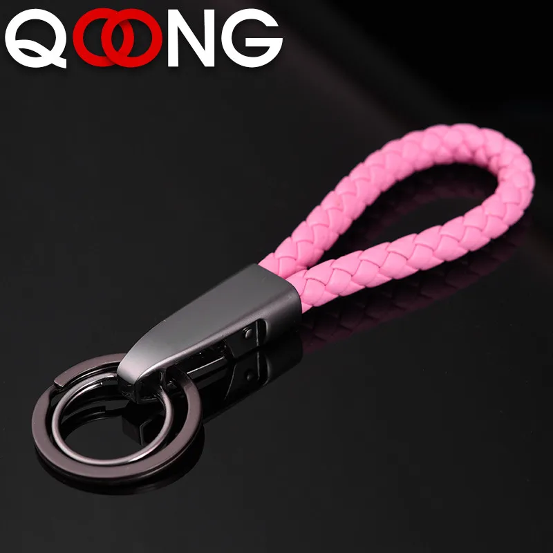 QOONG High-Grade Hand Knitt Leather Rope Car Key Chain Lovers' Metal Keyrings Jewelry Key Rings Holder Genuine Bag Pendant S05