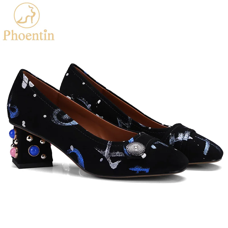 Phoentin studded high heel pumps strange heels genuine leather shoes shallow sheepskin ladies shoes 2018 mixed color retro FT300