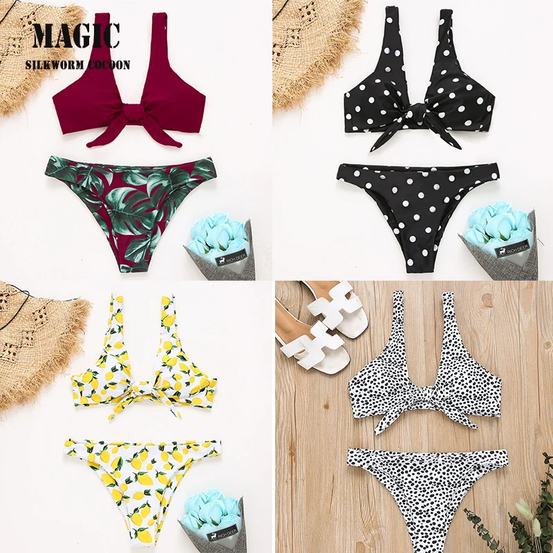 

Low Waist Bow Bandage Bikini Set Women Sexy Print Swimming Suit 2018 Summer U Swimwear Two-pieces Halter Beachwear Bathing suit