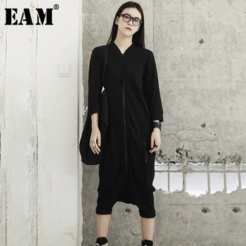 

[EAM] 2020 New Spring Stand Collar Three-quarter Sleeve Black Zipper Split Joint Leisure Jumpsuits Women Fashion JG91