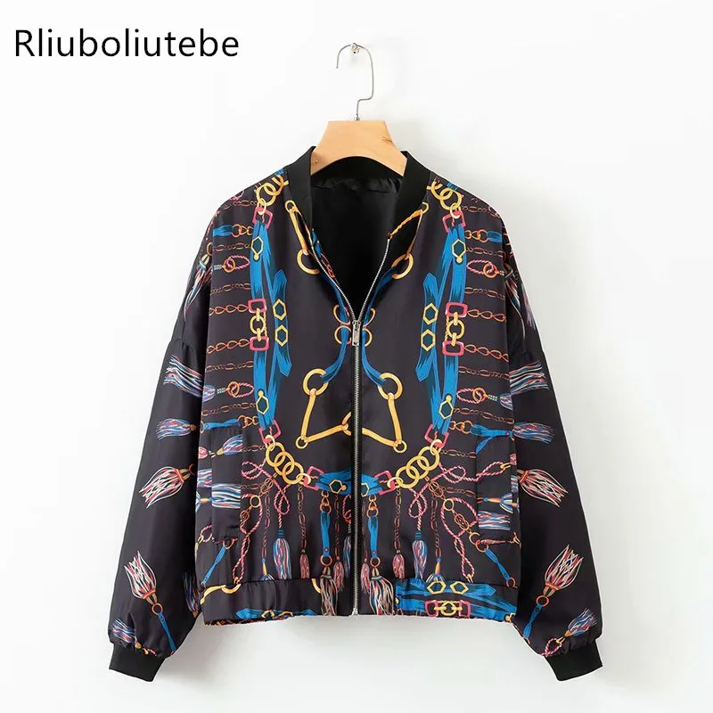 

Printed Bomber Jacket Women Long Sleeves Pockets Loose Thin Basic Coats Outerwear Fashion mujer Jacket Stand Collar Outerwear