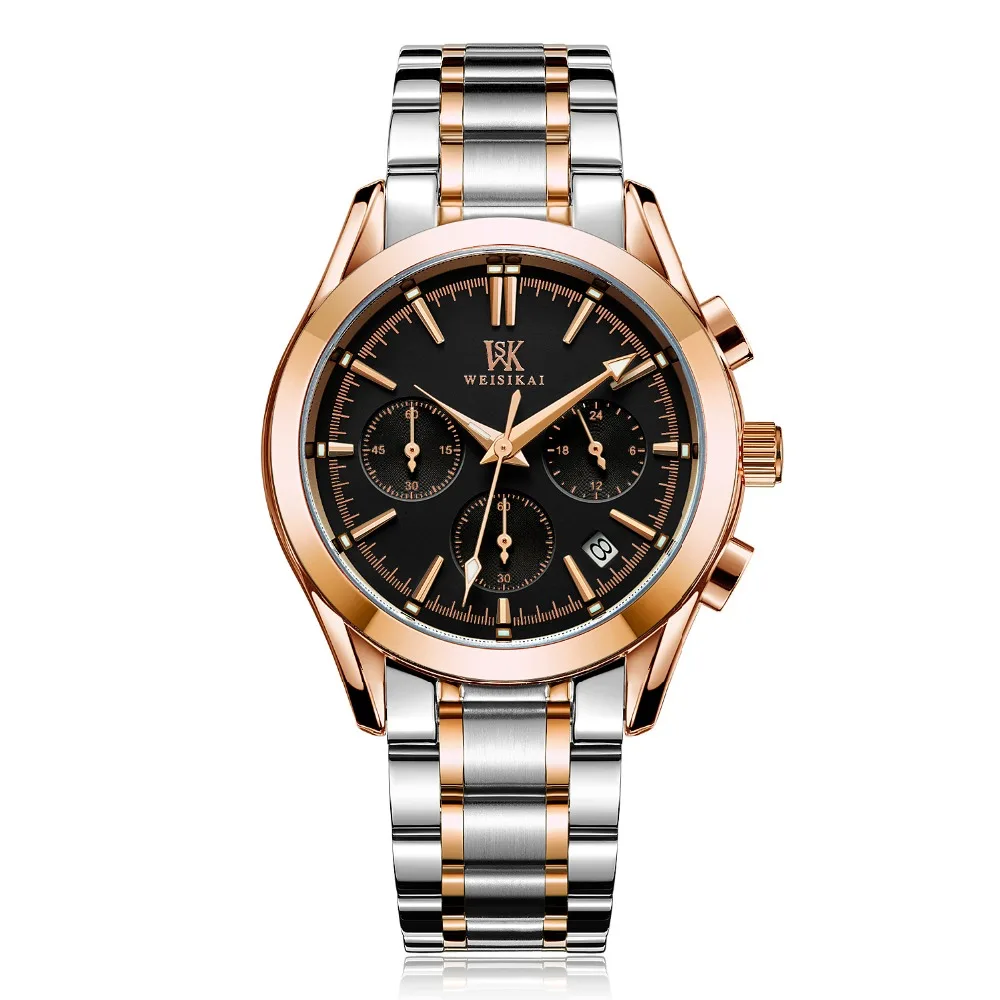 

Men's Fashion Business Rose Gold Watch Luxury 3 Eyes Six Pointers Quartz Leather Watches Waterproof Calendar Watches Hot Clock