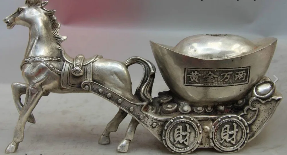 

67111637+++Chinese Tibet Silver Feng Shui Yuanbao Wealth Money Horse Carriage Statue
