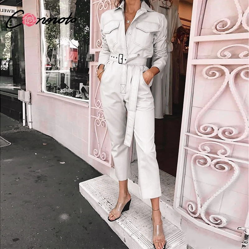 

Conmoto 2019 Winter Casual White Cotton Long Sleeve Jumpsuit Women Fashion Button Jumpsuit High Waist Belt Long Overalls