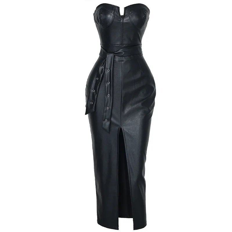 GACVGA платье из искусственной кожи с открытой спиной и поясом, женские черные вечерние платья с высоким разрезом, сексуальная клубная одежда, облегающее платье с низким вырезом, Vestidos
