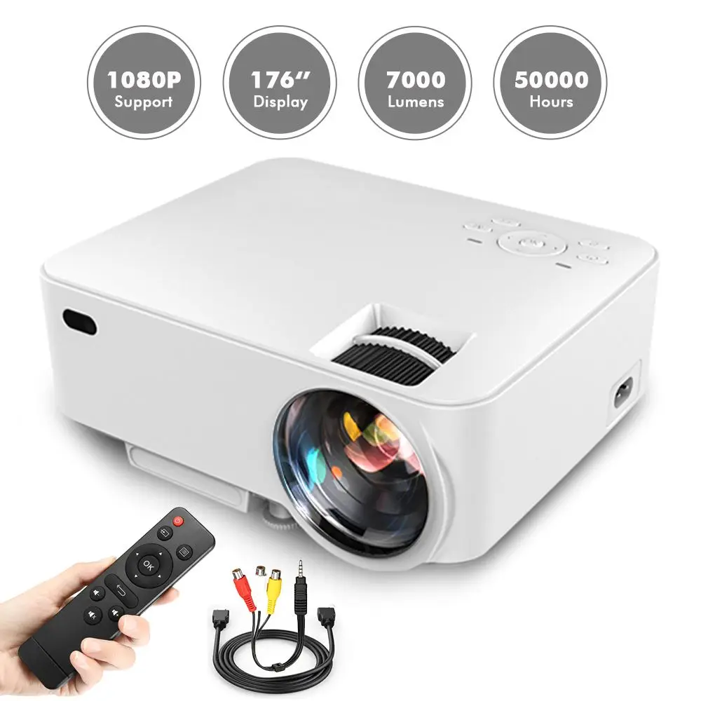 

7000LM 176" Home Mini LED Projector+HDMI/AV Cable 1080P Movie Video Projector for USB SD VGA TV Laptop Game Quiet