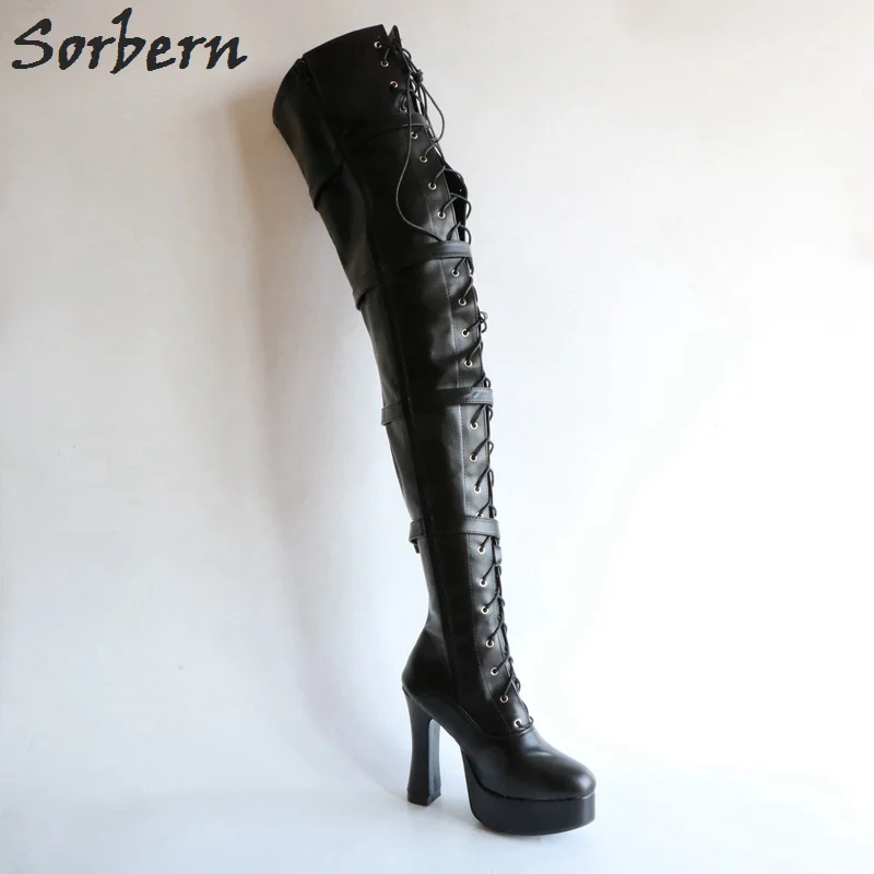 Женские высокие сапоги до бедра Sorbern на платформе 12 см со шнуровкой в стиле Goth