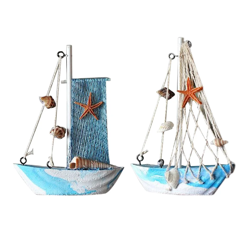 2pcs Home Decorative Wooden Sailboat Model Handmade Vintage Nautical Decor Sailing Boat Decoration Wooden Display Sailboat
