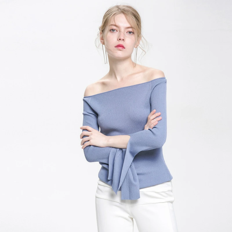 Elegant Off Shoulder Pullover Sweater Female Black Long Flare Sleeve Knitted Pullovers Women 2018 Winter Crop Top Jumper Pull