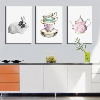 

Nordic Modern Wall Art Painting 3 Sets Rabbit Tableware Picture Combination Canvas Painting For Dining Room Home Decor Frameless