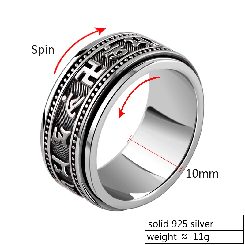 ZABRA Настоящее 925 пробы Серебряное кольцо-Спиннер Винтаж шесть слов мантра мужские кольца перстни Панк ювелирные изделия для мужчин