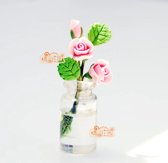 1:12 Кукольный Миниатюрный игрушка глины цветок куча розовый Стекло ваза