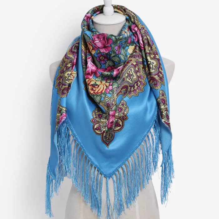 Зимний треугольный шарф с принтом для женщин, брендовый роскошный пашминовый хлопковый шарф с кисточками, цветочный теплый утолщенный шарф, шаль, бандана - Цвет: sky blue