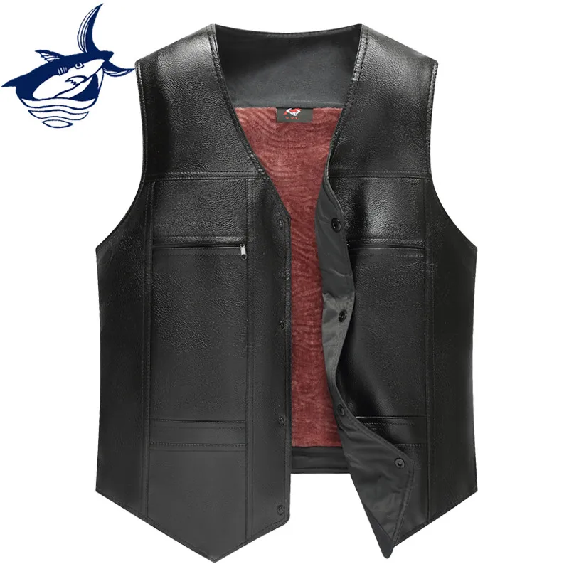 

Men clothes 2018 casual Tace & Shark brand leather vest men thicken fleece blazer vest PU leather jacket sleeveless middle aged