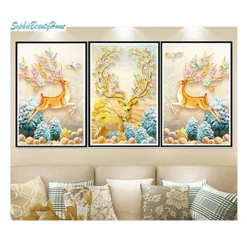 

New DIY 5D diamond painting wealth deer mosaic cross stitch triple set embroidery diamond crafts home decoration gifts