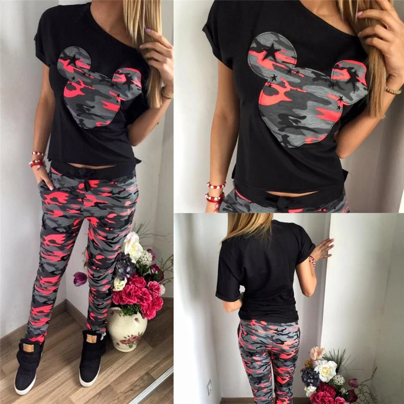 

Minnie Mouse Set Girl Costume Minnie Mouse Camouflage printing casual sportswear trousers suits women's summer Adult woman suit