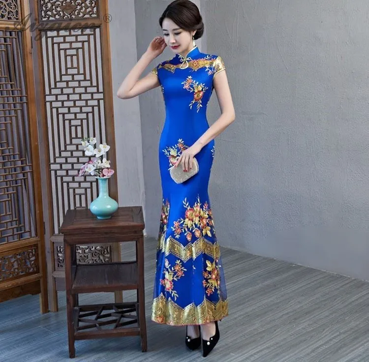 Azul Cheongsam винтажный de encaje de estilo chino tradicional noche vestido Qipao bordado largo восточные novia tradiciones